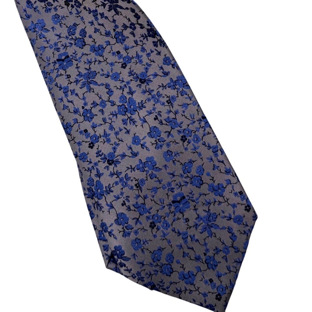 Haines & Bonner Necktie Mens One Size Blue Grey Excellent Floral Silk Blend Tie